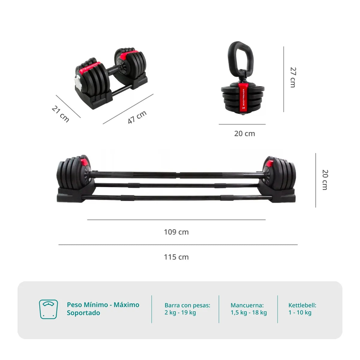 SET 3 EN 1 MANCUERNA DE 2KG A 19KG